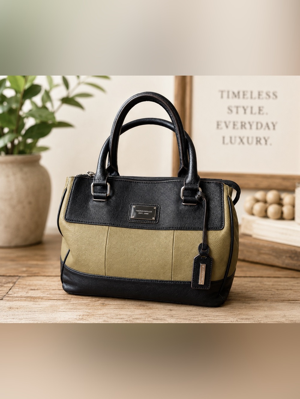 Tignanello Pebbled Leather Satchel Handbag Black & Olive EUC